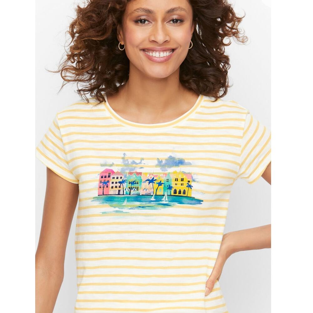 Talbots Curaçao Tee Womens Size 2X Yellow Striped Drop Shoulder Caribbean Top